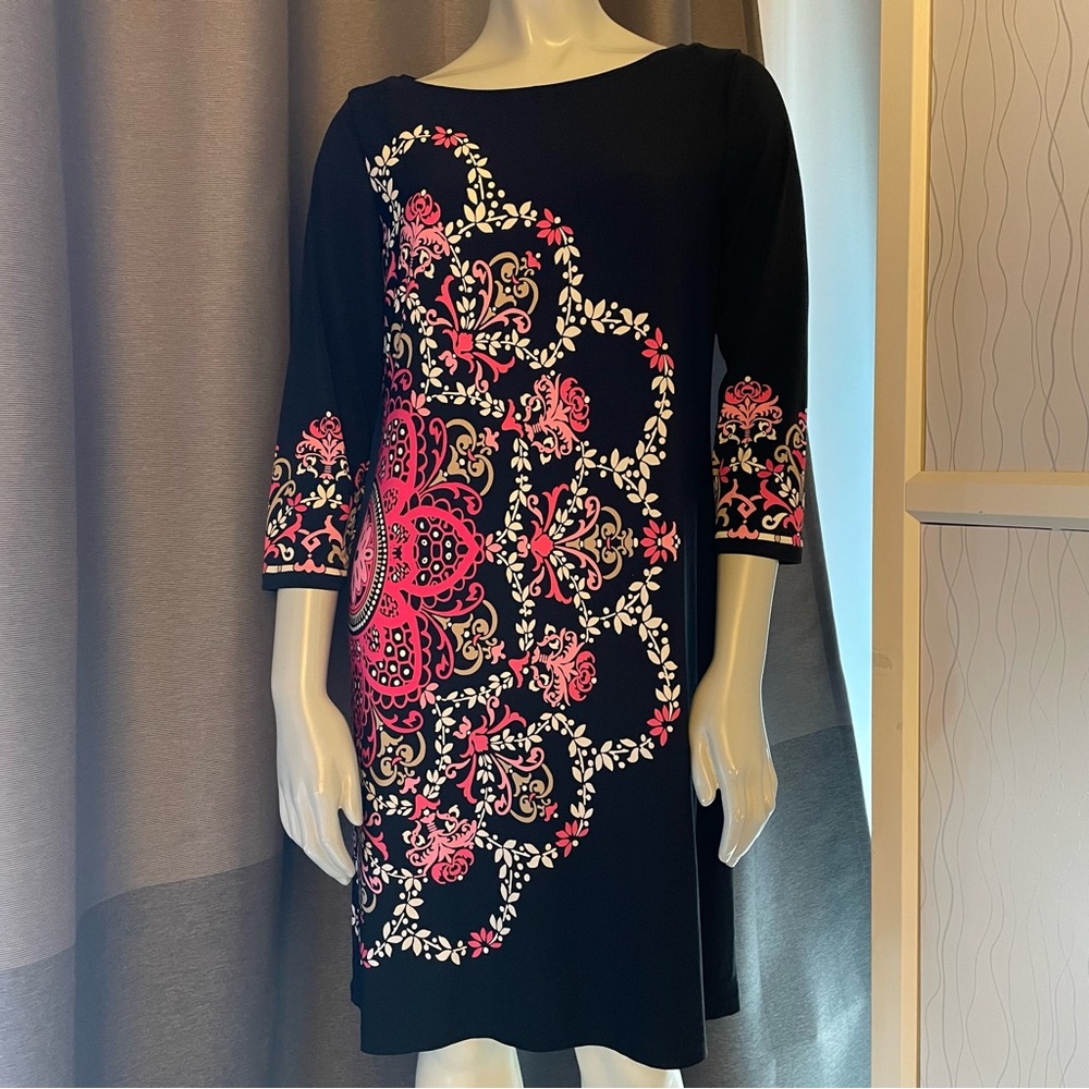 Signature London Style black dress with pink floral pattern. Size M, fits like S